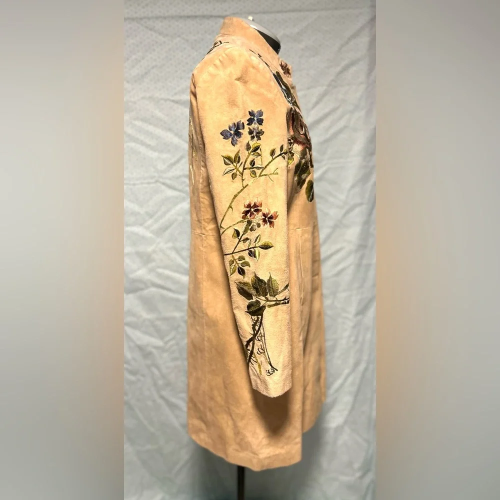 bagatelle Beige Suede Leather Embroidered Floral Coat - Picture 2 of 9